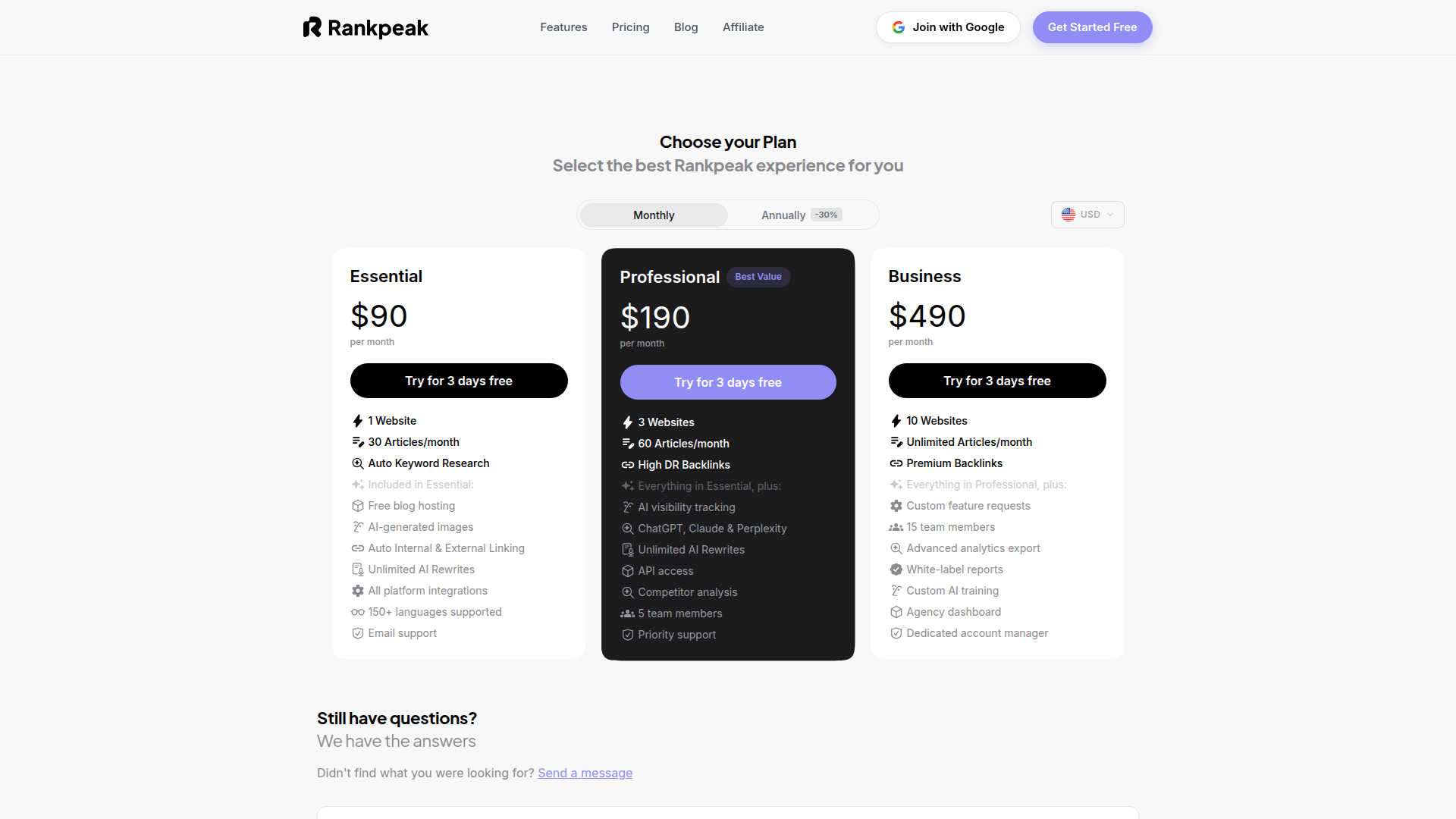 Rankpeak website screenshot - outsource link building