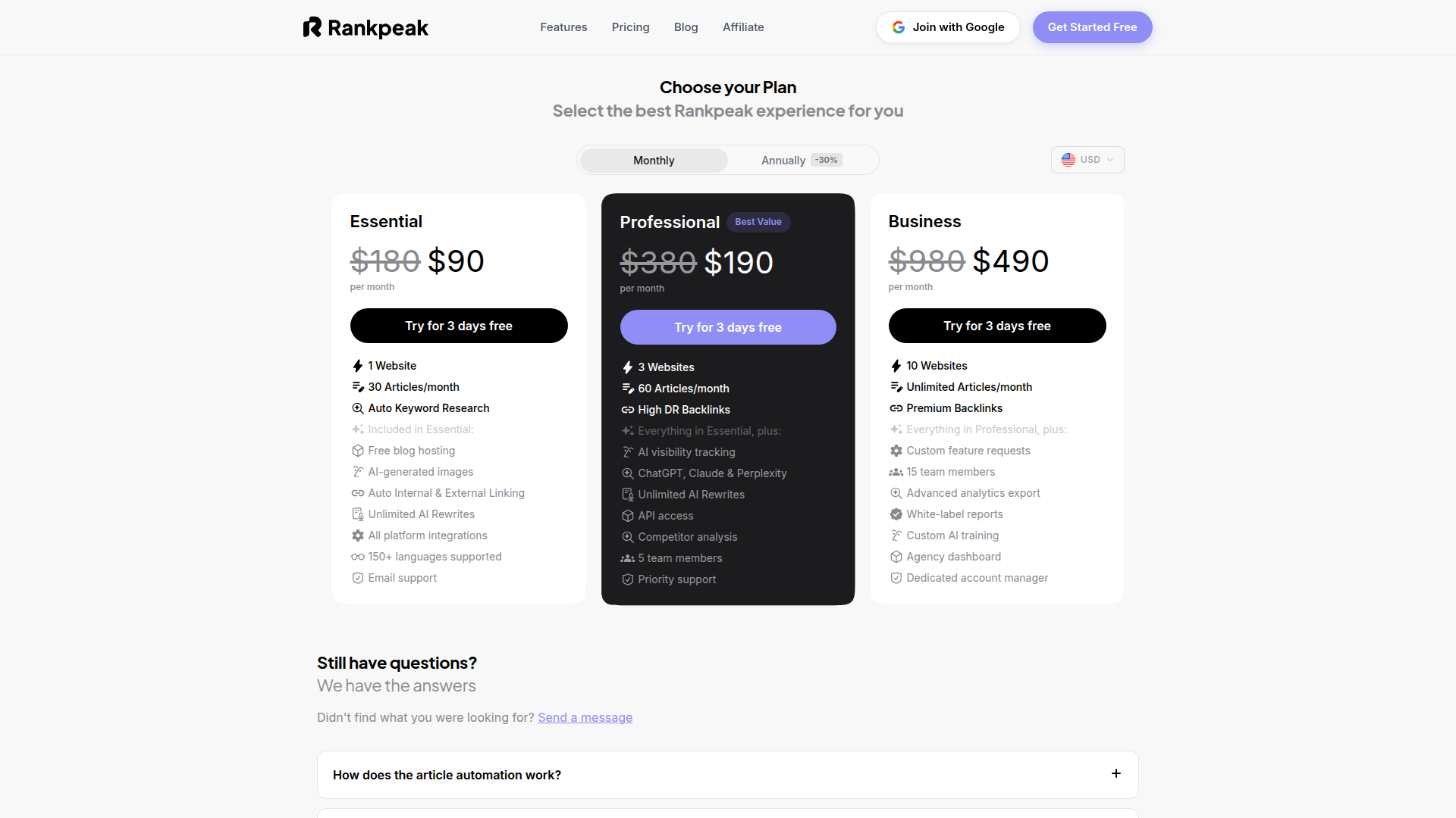 Rankpeak website screenshot - local seo backlinks