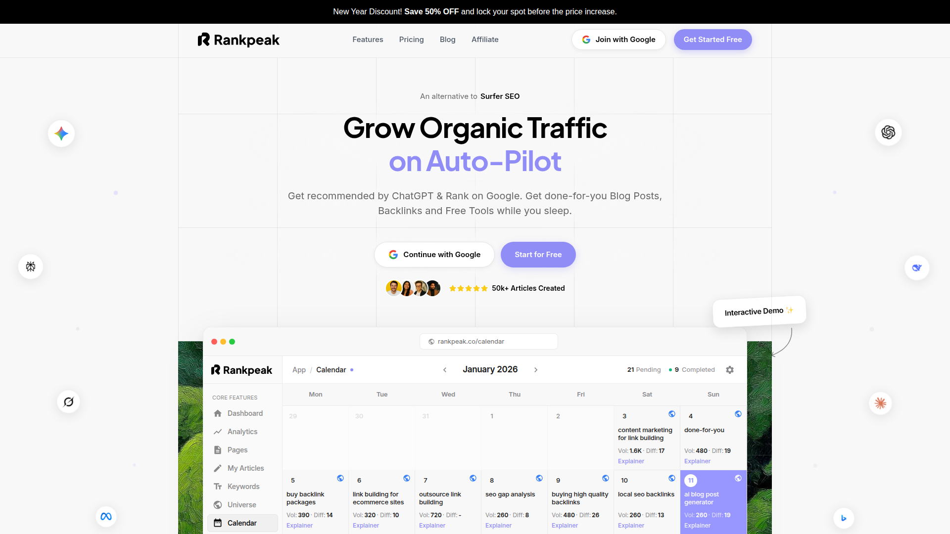 Rankpeak website screenshot - backlink indexing