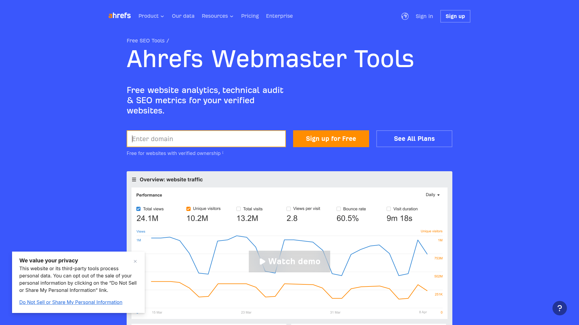 Ahrefs Webmaster Tools website screenshot - best free seo audit tools