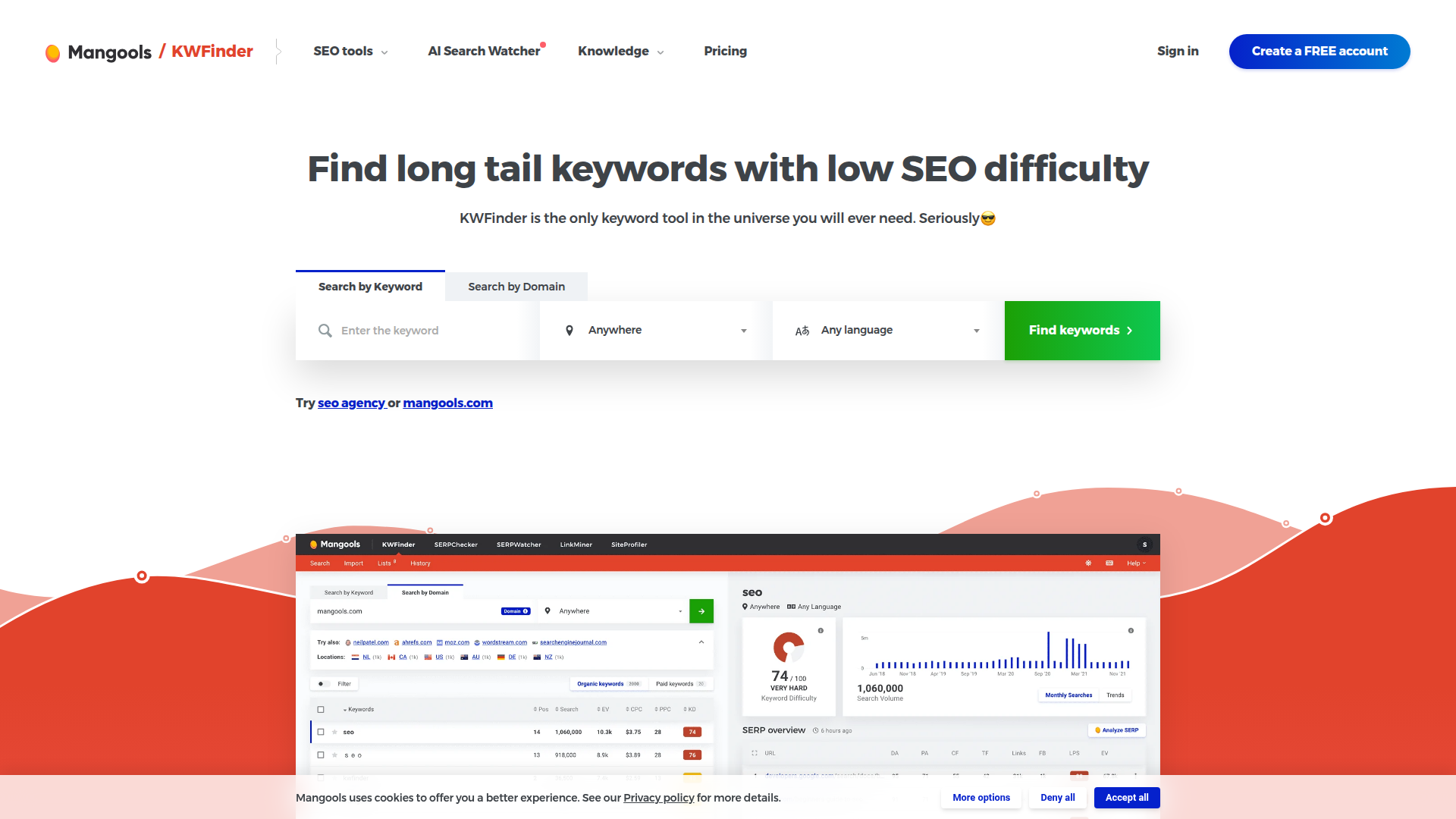 KWFinder website screenshot - ahrefs vs kwfinder