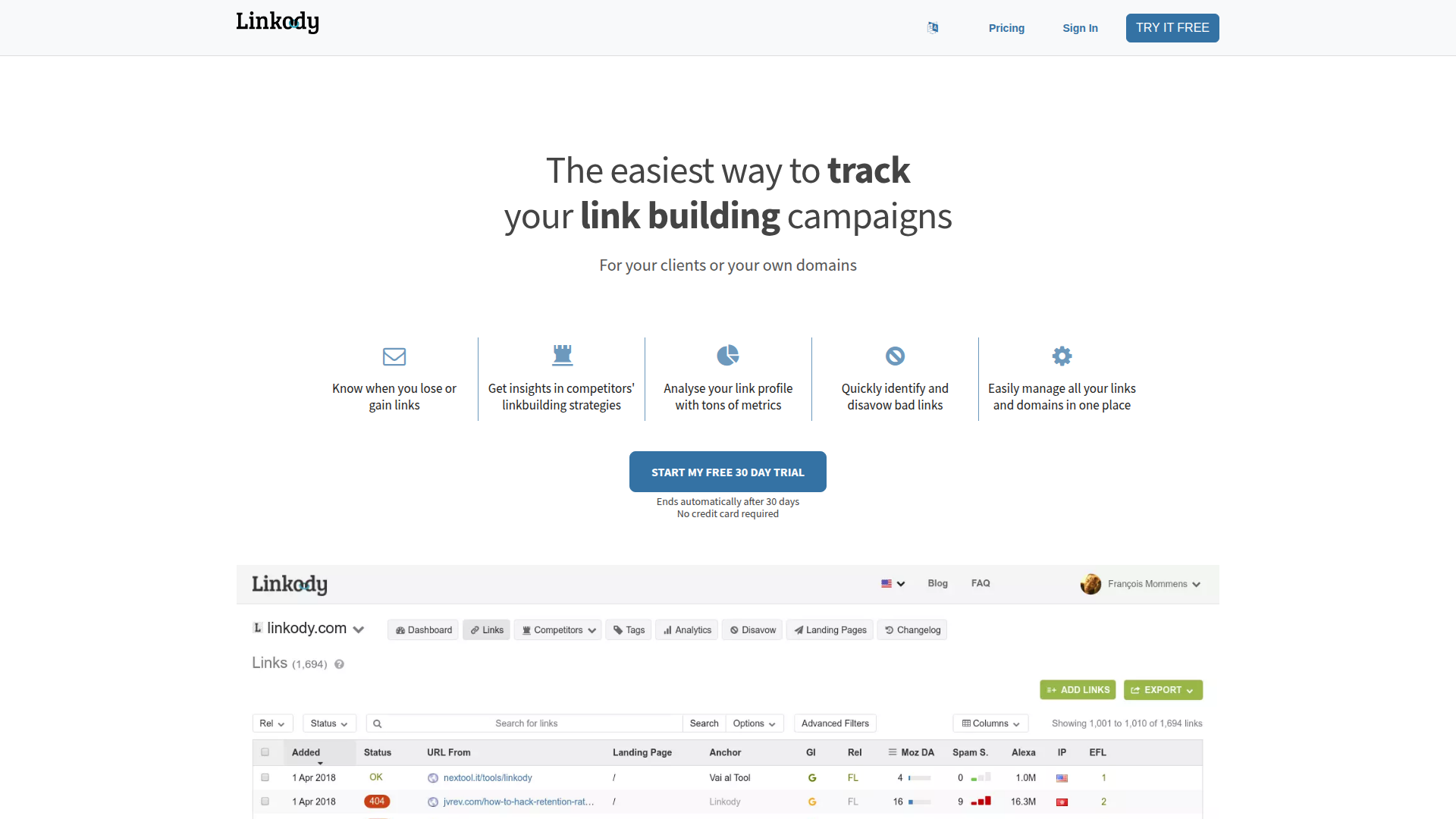 Linkody website screenshot - manual link building service