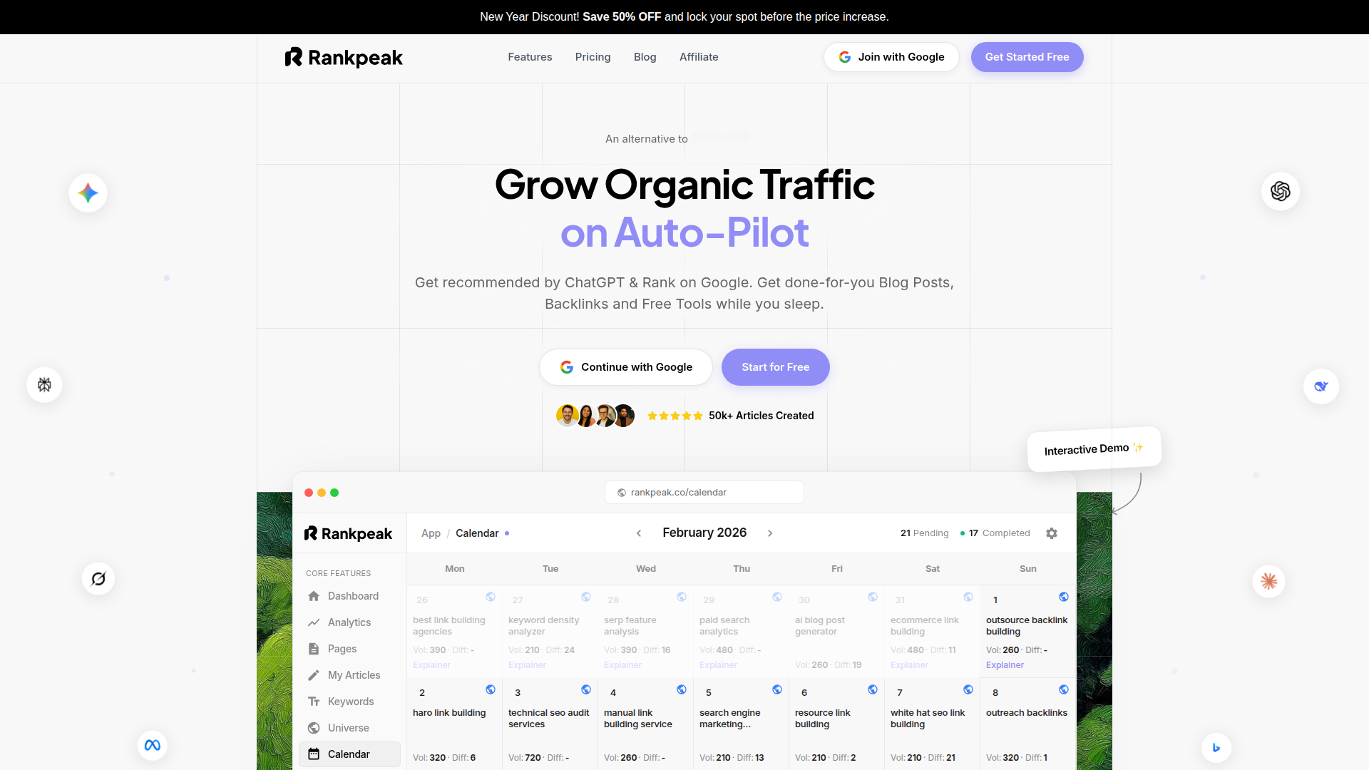 Rankpeak website screenshot - affordable link building service