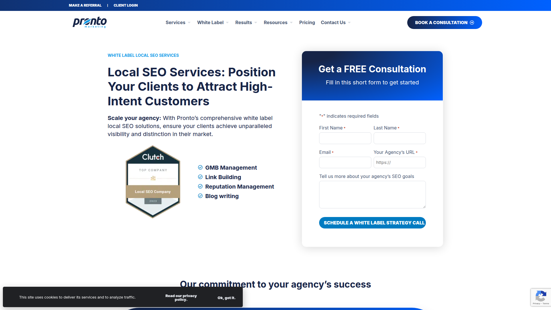 Pronto Marketing White-label Local SEO Services website screenshot - local seo whitelabel