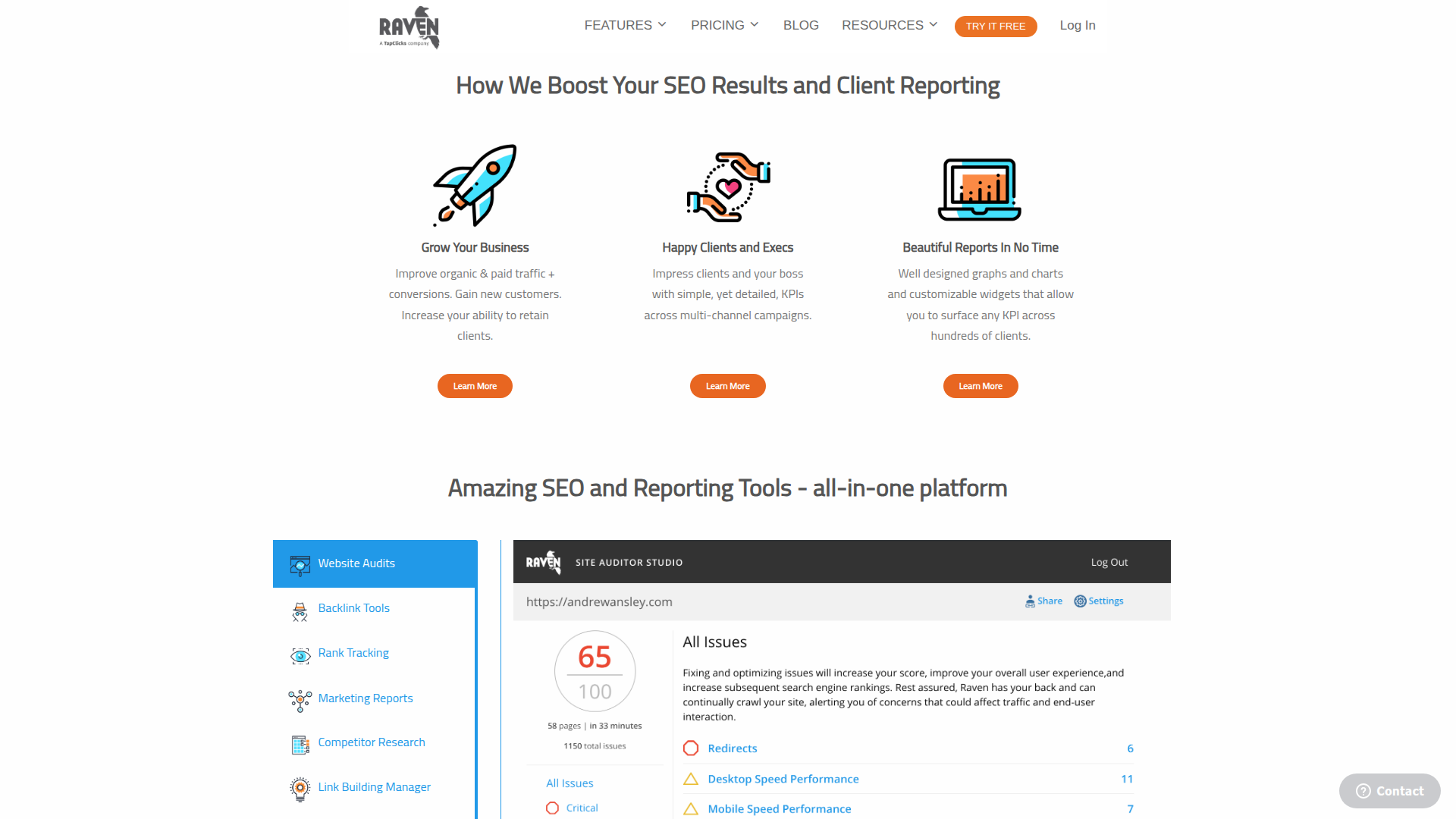 Raven Tools website screenshot - white label seo scan