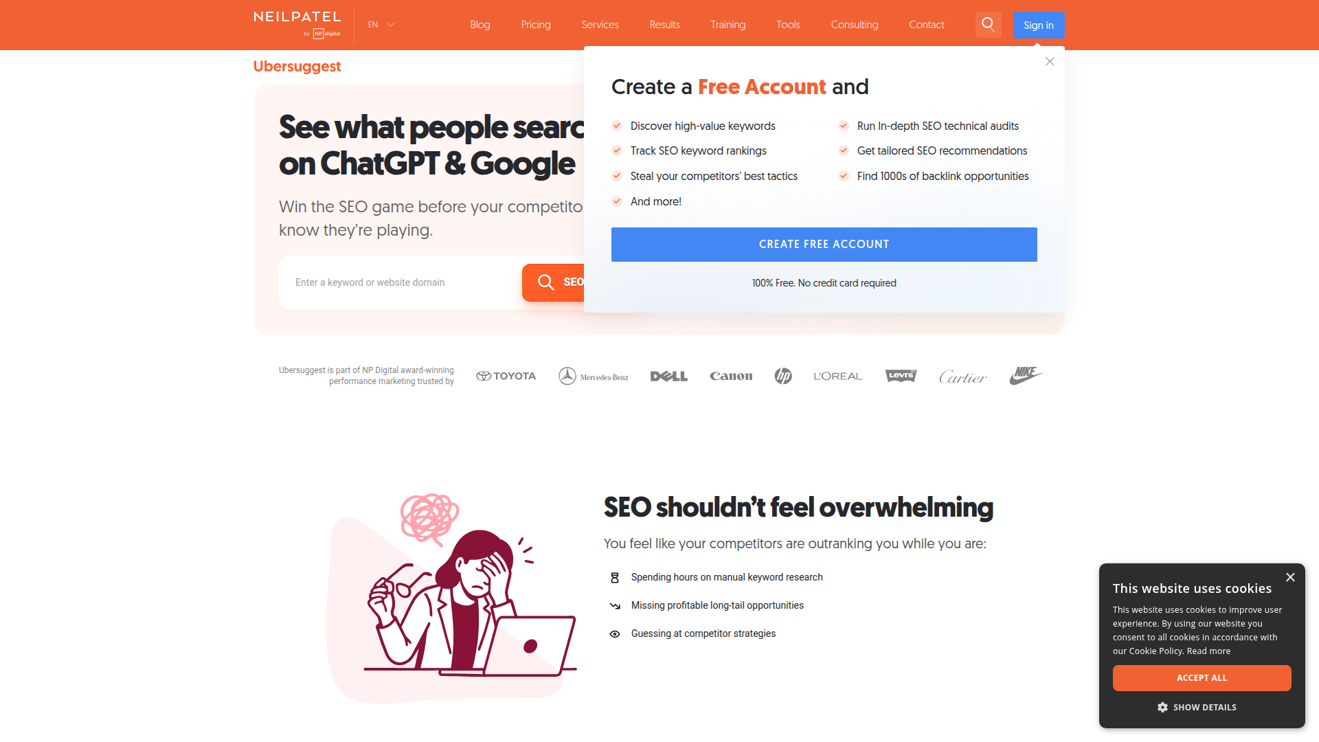 Ubersuggest website screenshot - private label seo tools